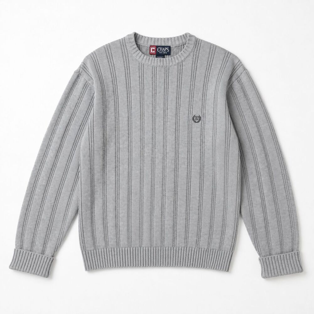 Vintage Chaps Men's Medium Gray Cable Knit Sweater 100% Cotton Preppy Pullover